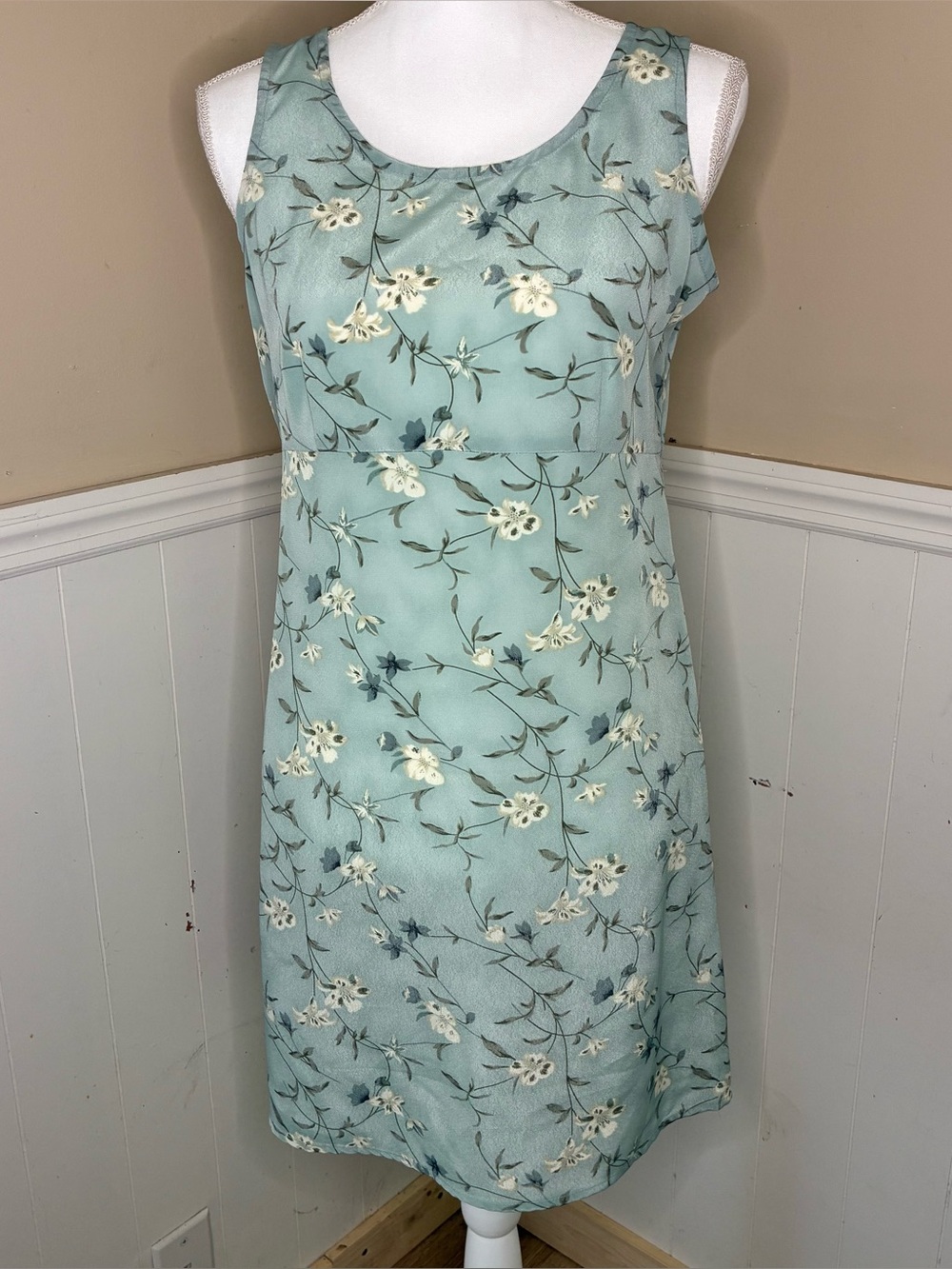 Vintage 90s Sage Green Floral Empire Waist Dress | Small